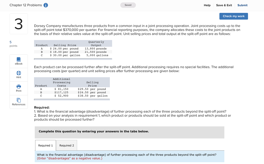  Chapter 12 Problems Saved Help Save & Exit Submit Check my