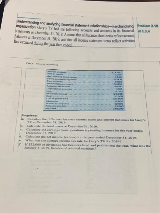  Understanding and analyzing financial statement relationships-merchandising Problem 2.18 organization Gary's TV