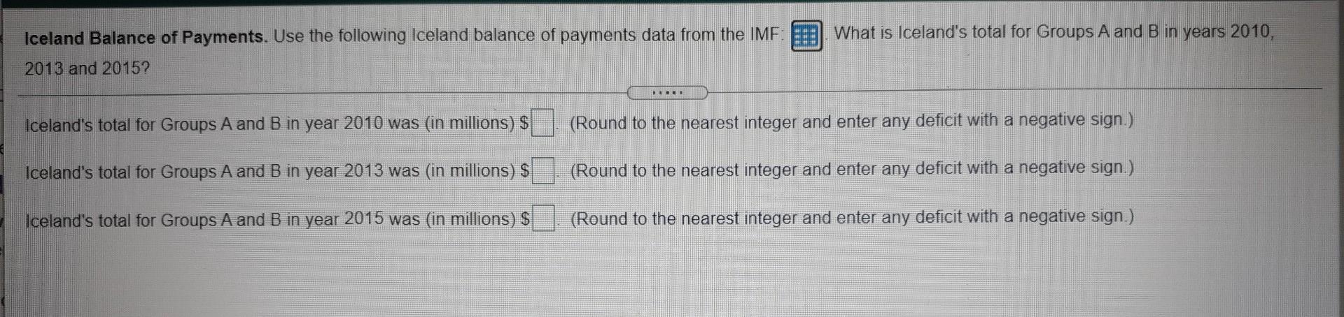a spreadsheet.) 2009 2011 2013 2014 2015 -669 888 Iceland's Balance of