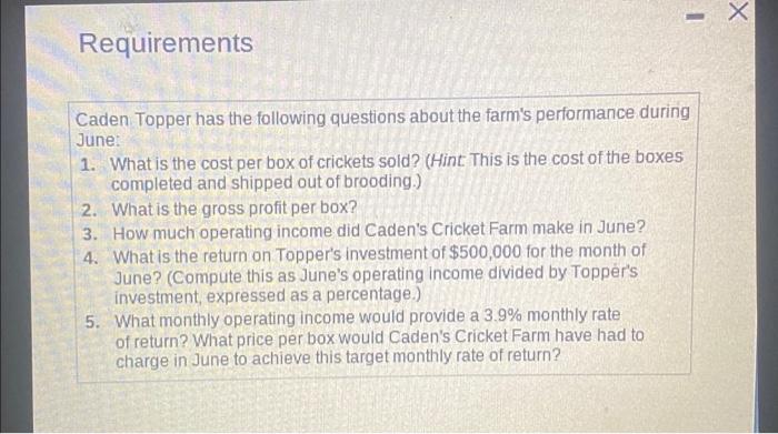 per box) Requirement 3. How much operating income did Caden's Cricket Farm