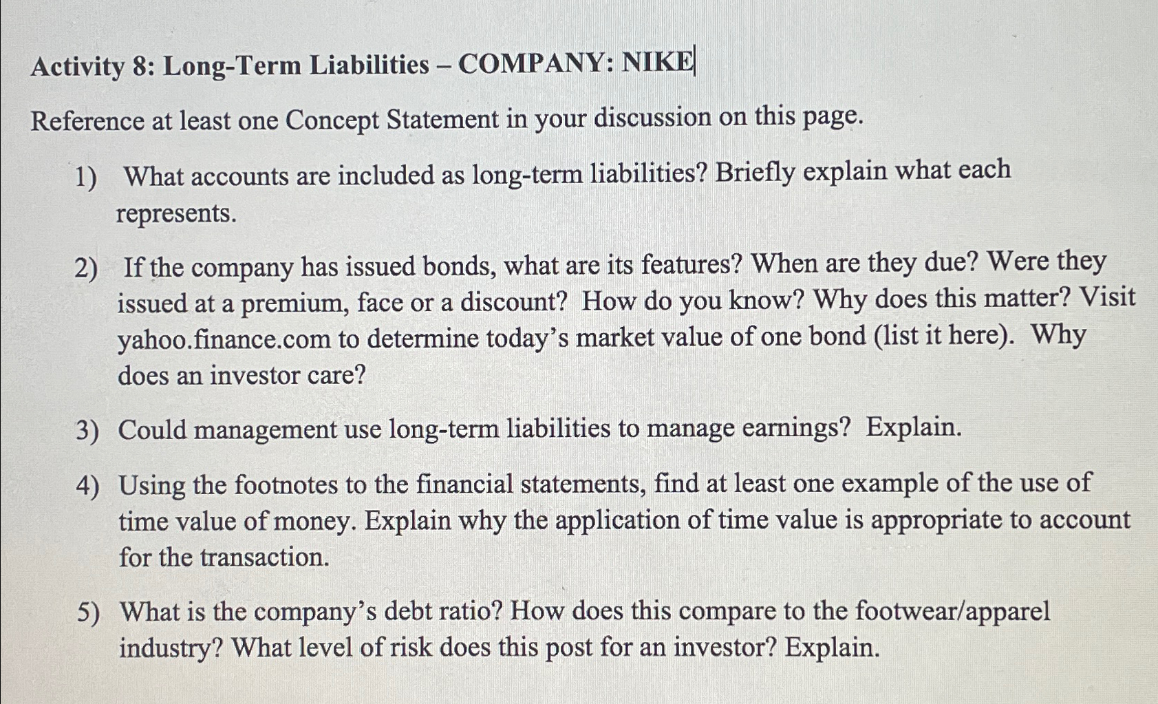  Activity 8: Long-Term Liabilities - COMPANY: NIKE| Reference at least one