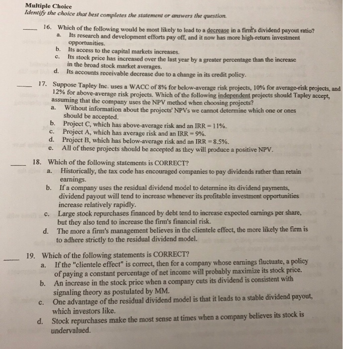  Multiple Choice Identify the choice that best completes the statement or