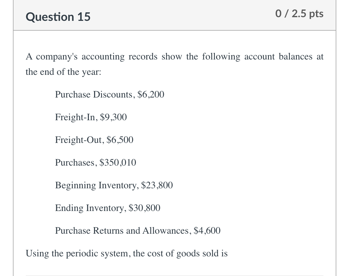 Need steps to solving for answer Question 15 0 / 2.5 pts