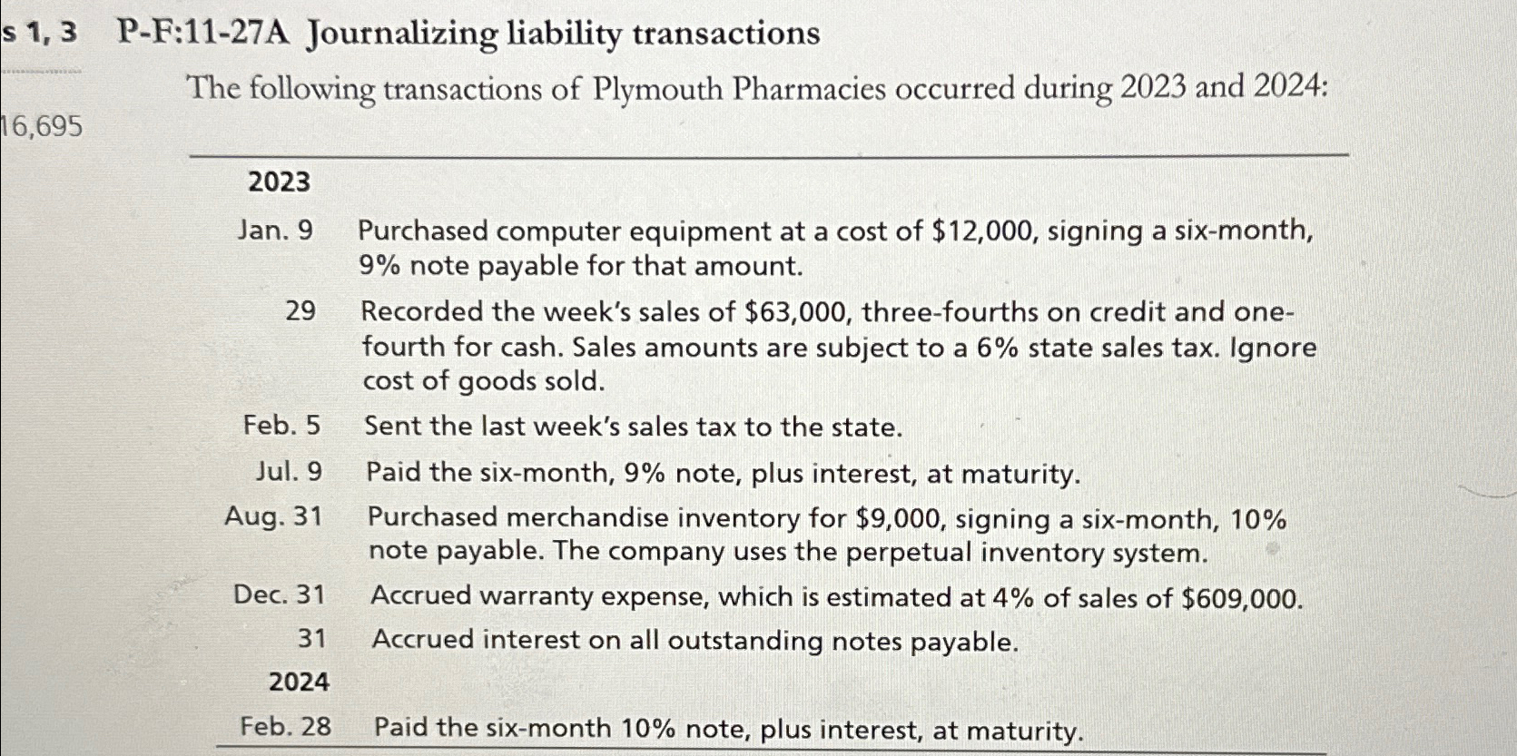  s 1,3 P-F:11-27A Journalizing liability transactions The following transactions of Plymouth