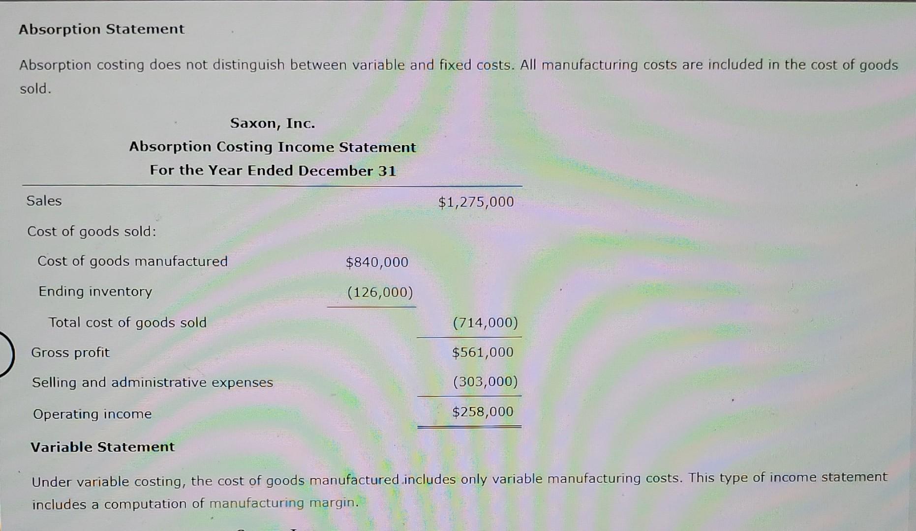 Management Analysis Absorption vs. Variable Operating income is one of the most