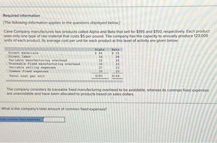 the questions displayed below] Cane Company manufactures two products called Alpha and