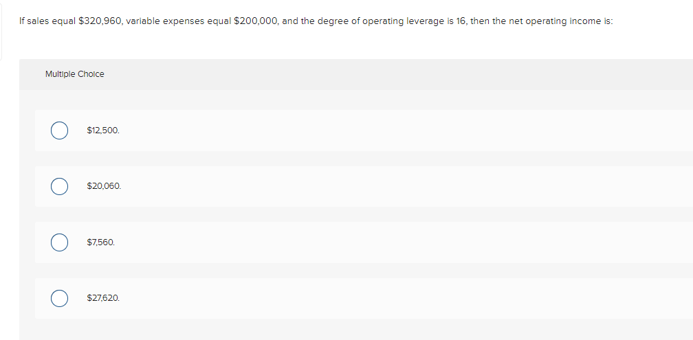 If sales equal $320,960, variable expenses equal $200,000, and the degree