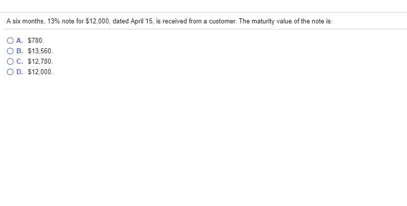 A six months, 13% note for $12,000, dated April 15, is