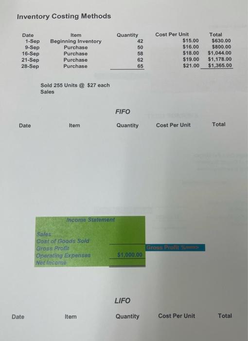 inventory costing methods Inventory Costing Methods Date 1-Sep 9-Sep 16-Sep 21-Sep 28-Sep