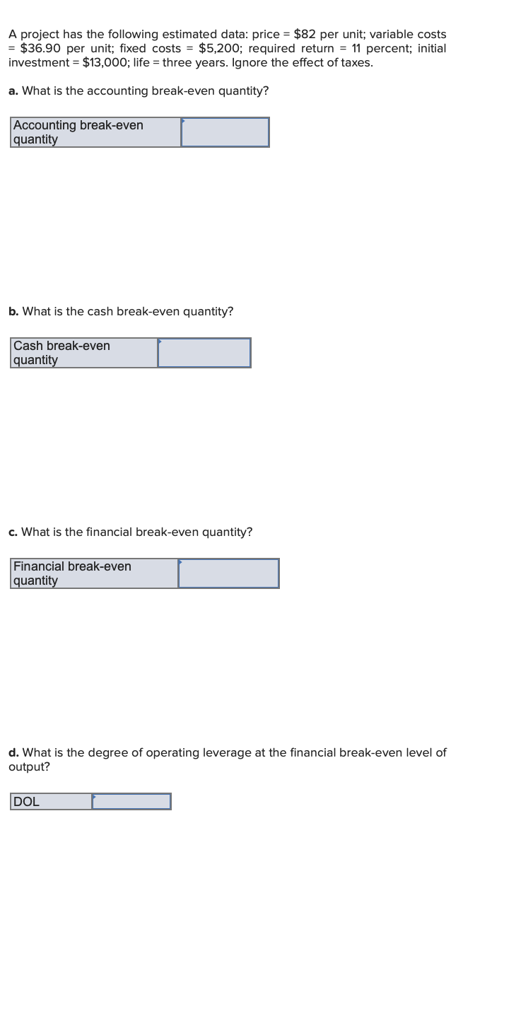  A project has the following estimated data: price =$82 per unit;