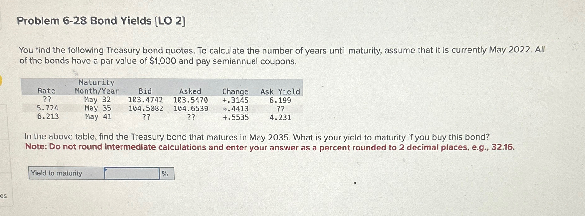  Problem 6-28 Bond Yields [LO 2] You find the following Treasury
