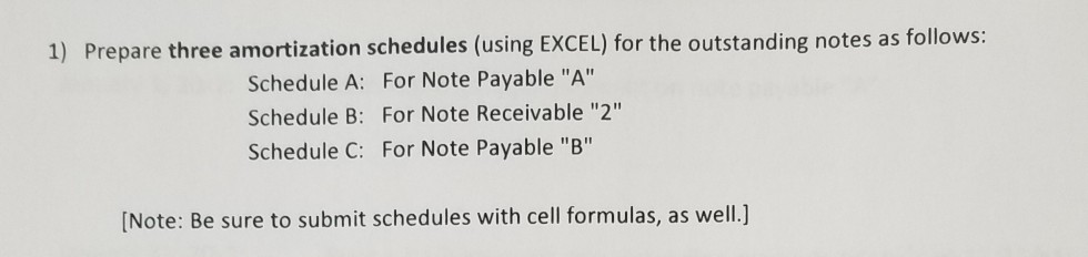 1) Prepare three amortization schedules (using EXCEL) for the outstanding notes