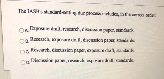  The IASB's standard-setting due process includes, in the correct order: O