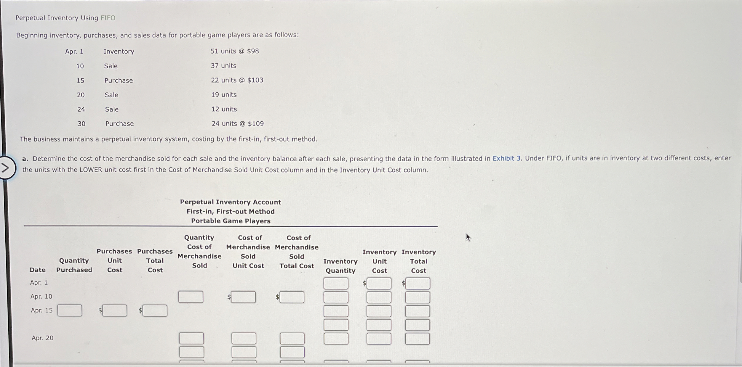  Perpetual Inventory Using FIFO Beginning inventory, purchases, and sales data for