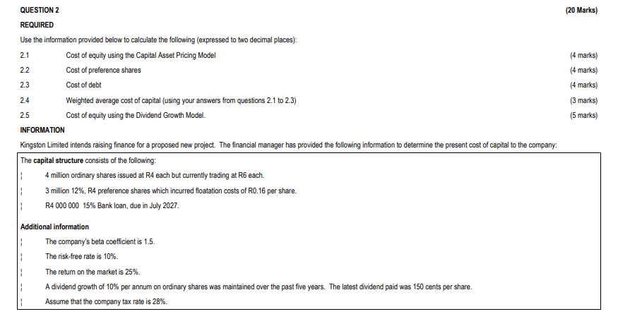  QUESTION 2 REQUIRED Use the information provided below to calculate the