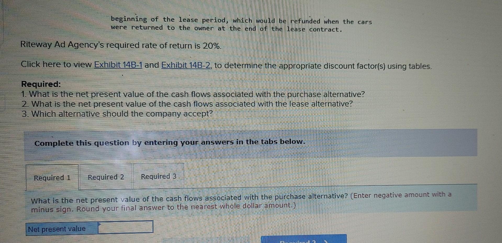 (Algo) Net Present Value Analysis of a Lease or Buy Decision [LO14-2]