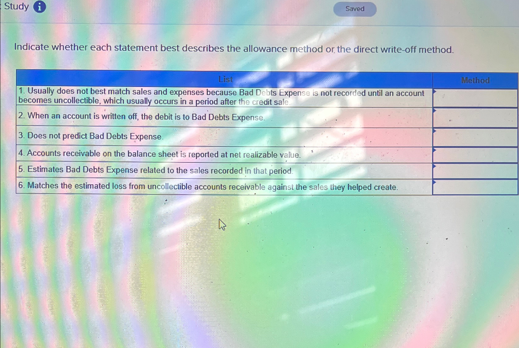  Study Indicate whether each statement best describes the allowance method or,