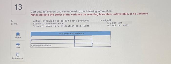  Compute total overhead variance using the following information. Note: Indicate the