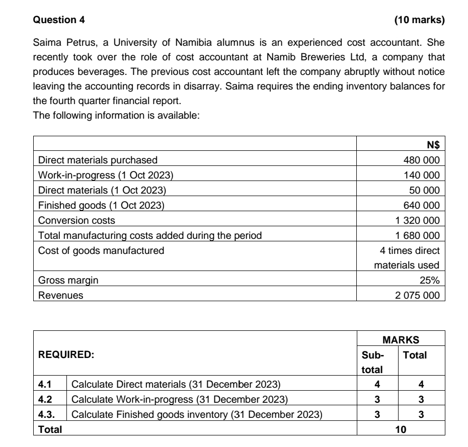 Question 4 (10 marks) Saima Petrus, a University of Namibia alumnus is