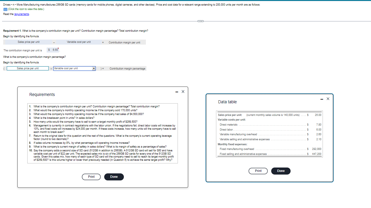  Requirements What is the company's contribution margin per unit? Contribution margin