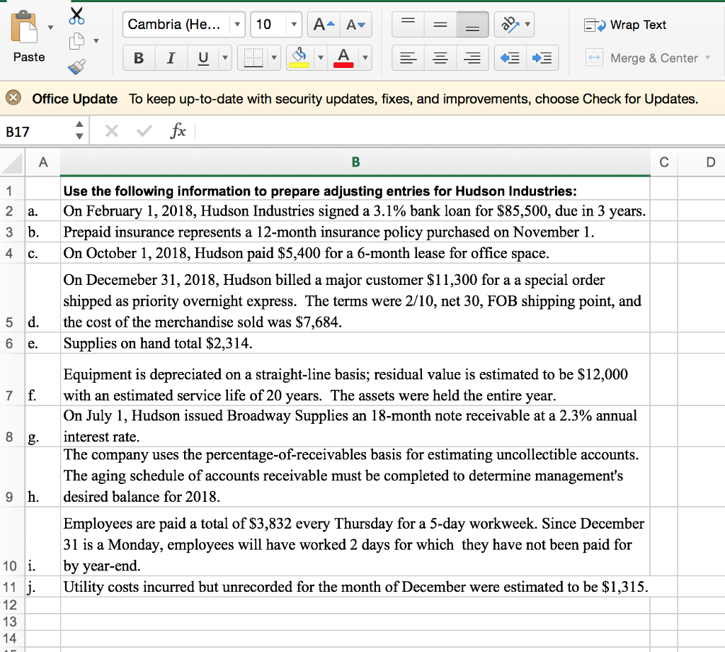 dollar.) SHOW YOUR WORK FOR THE ADJUSTMENT IN THE CELL OR YOU