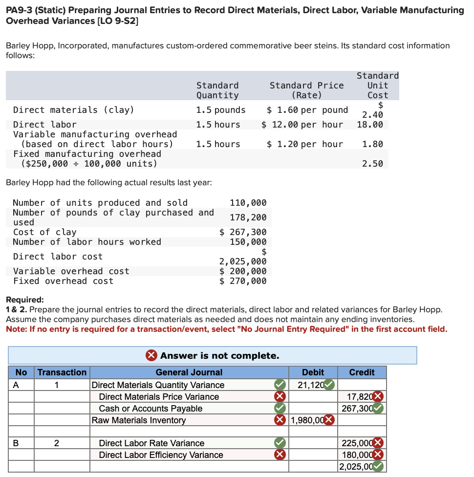  PA9-3(Static) Preparing Journal Entries to Record Direct Materials, Direct Labor, Variable