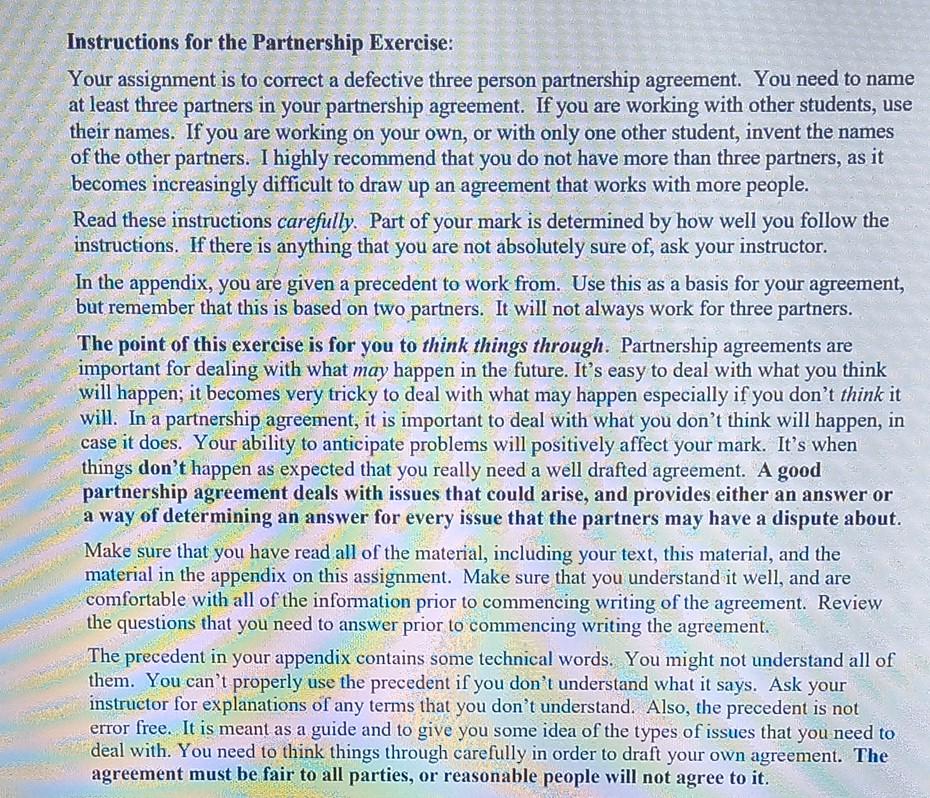  Instructions for the Partnership Exercise: Your assignment is to correct a
