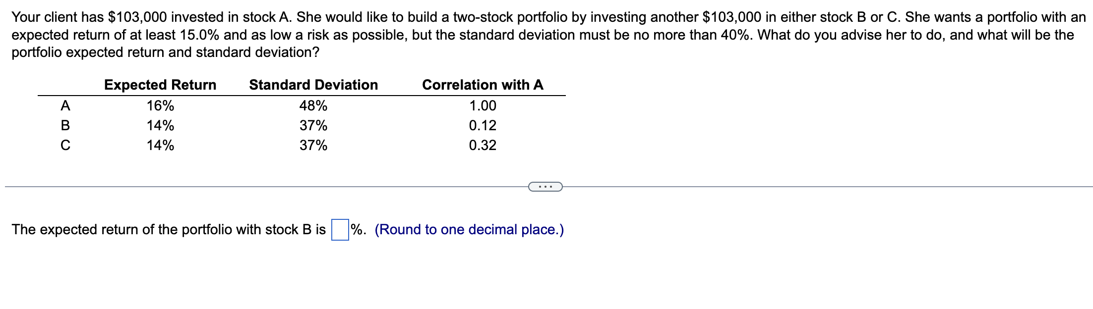  Your client has $103,000 invested in stock A. She would like