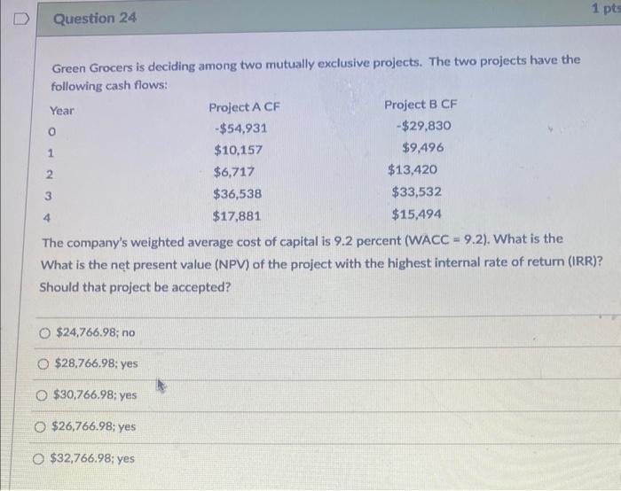  Green Grocers is deciding among two mutually exclusive projects. The two