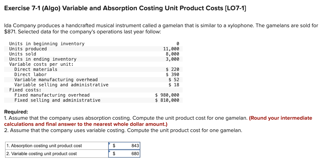  Exercise 7-1(Algo) Variable and Absorption Costing Unit Product Costs [L07-1] Ida