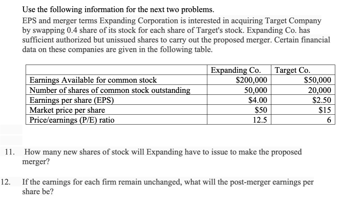  Use the following information for the next two problems. EPS and