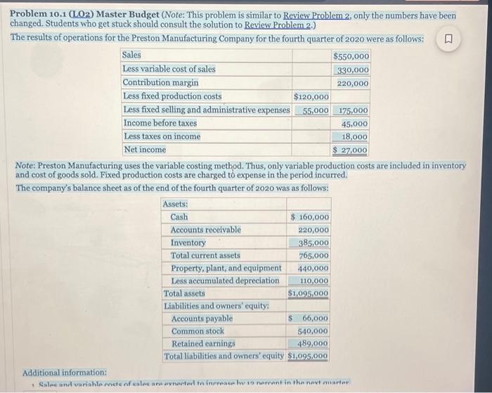  Problem 10.1 (LO2) Master Budget (Note: This problem is similar to