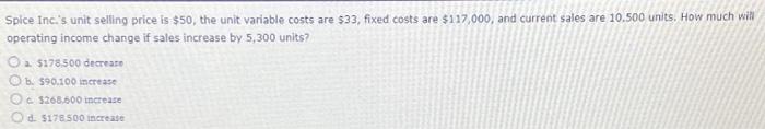  Spice Inc.'s unit selling price is $50, the unit variable costs