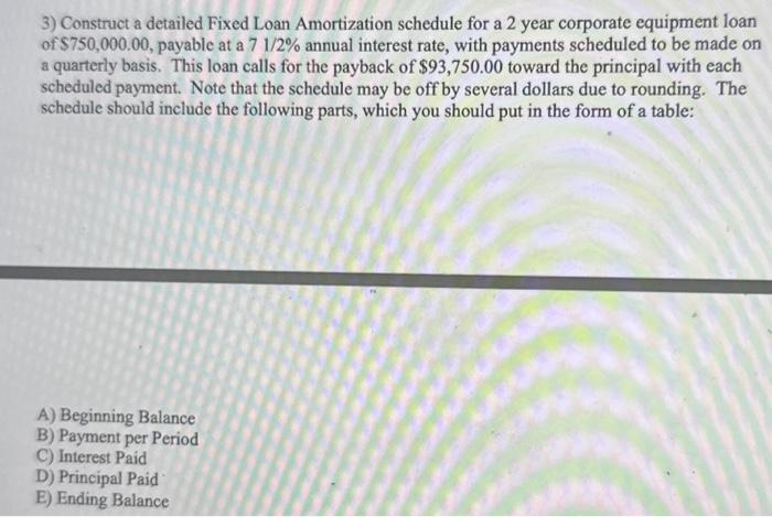  3) Construct a detailed Fixed Loan Amortization schedule for a 2
