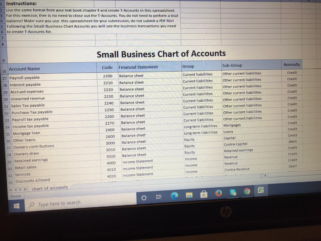 . Please use the account names and codes from the Small Business