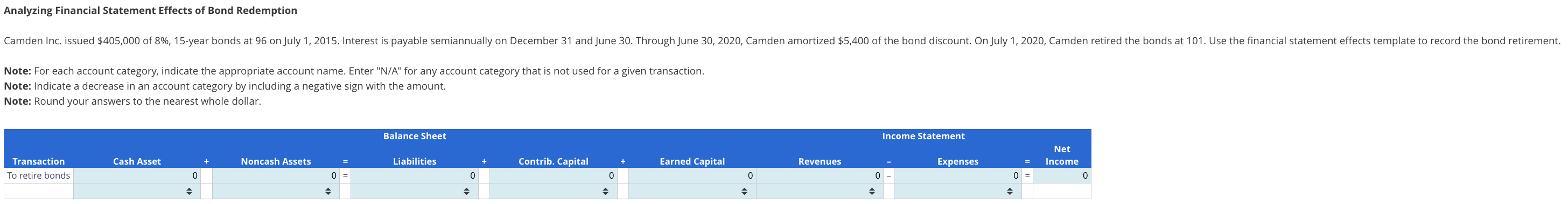  Analyzing Financial Statement Effects of Bond Redemption Note: For each account