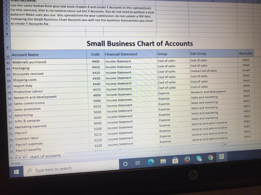 Chart of Accounts provided to you in the spreadsheet. Use the same