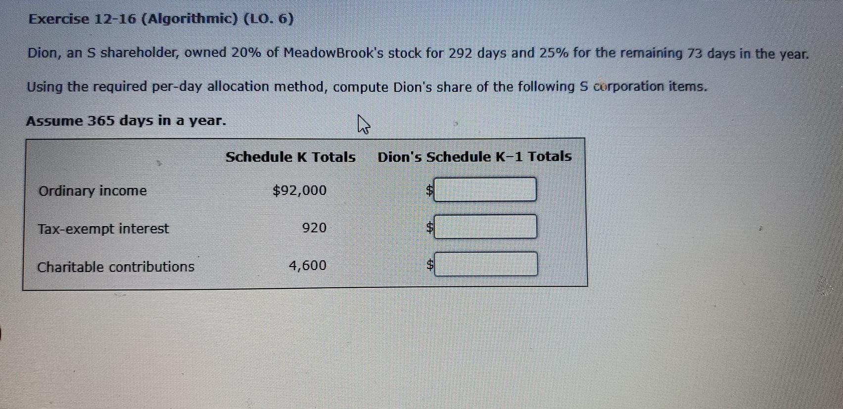  Exercise 12-16 (Algorithmic) (LO. 6) Dion, an S shareholder, owned 20%