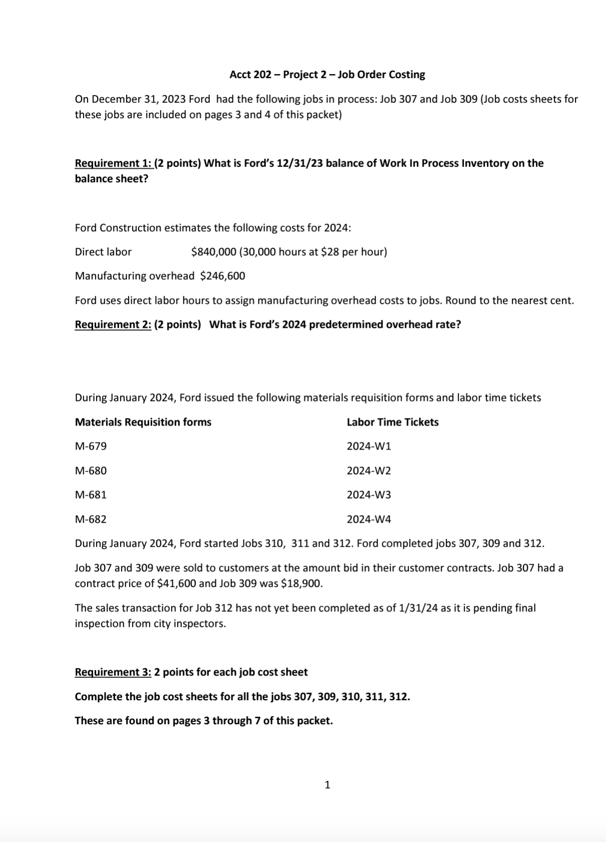  Acct 202- Project 2- Job Order Costing Requirement 4: (2 points