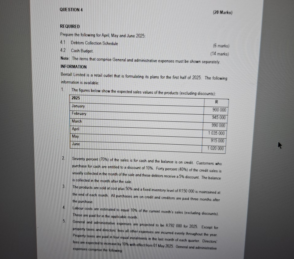  QUESTION 4 (20 Marks) REQUIRED Prepare the following for April, May