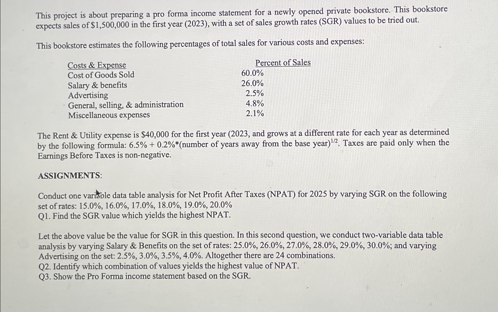  This project is about preparing a pro forma income statement for