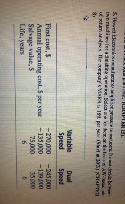return is 20% per year, determine which machine should be selected on