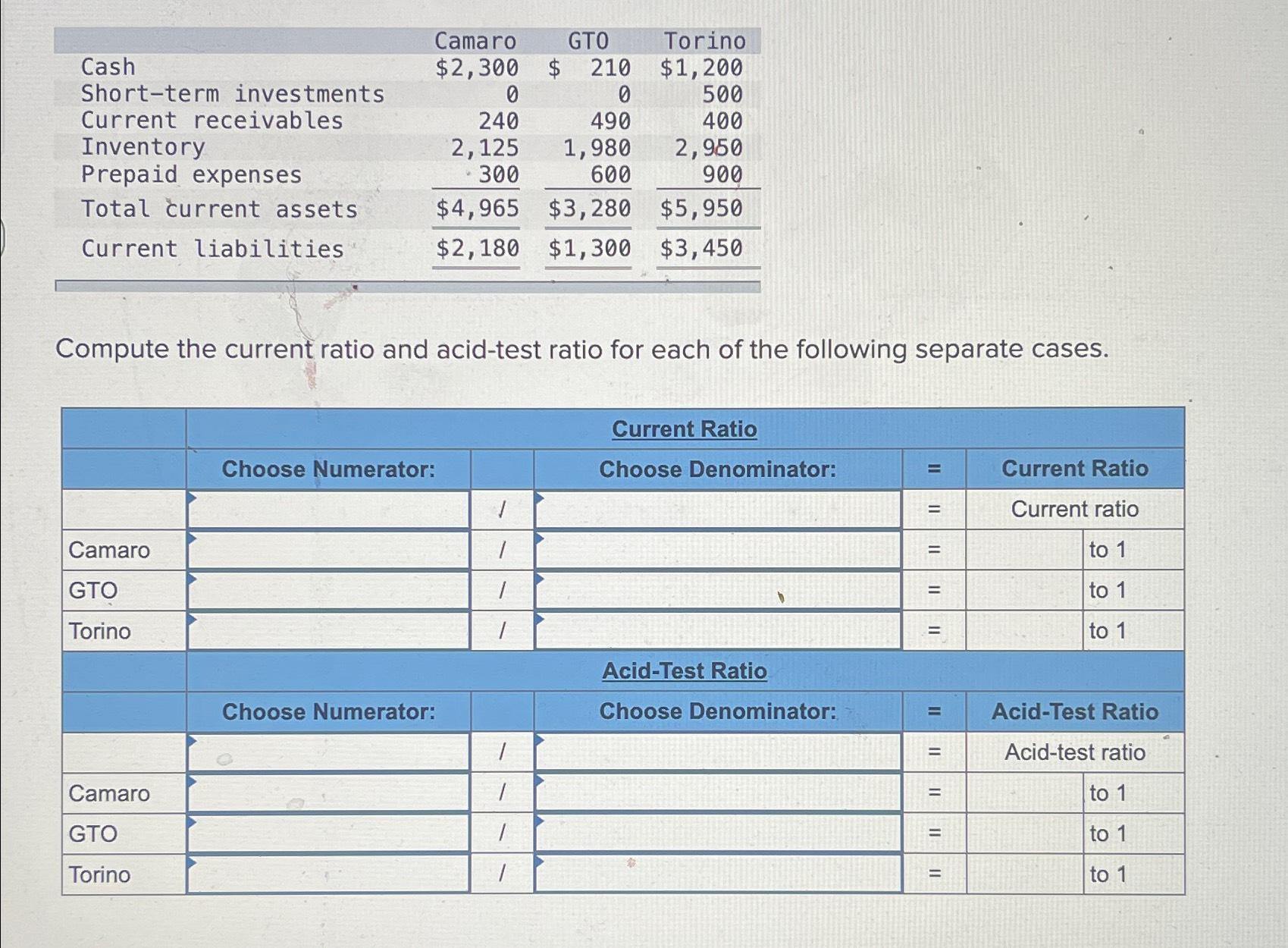  \table[[,Camaro,GT0,Torino],[Cash,$2,300,210,$1,200 