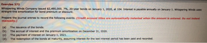  please show all work. neat handwriting please. Exercise 272 Whispering Winds