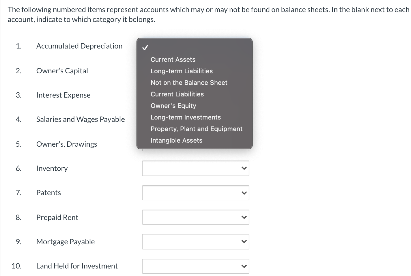  The following numbered items represent accounts which may or may not