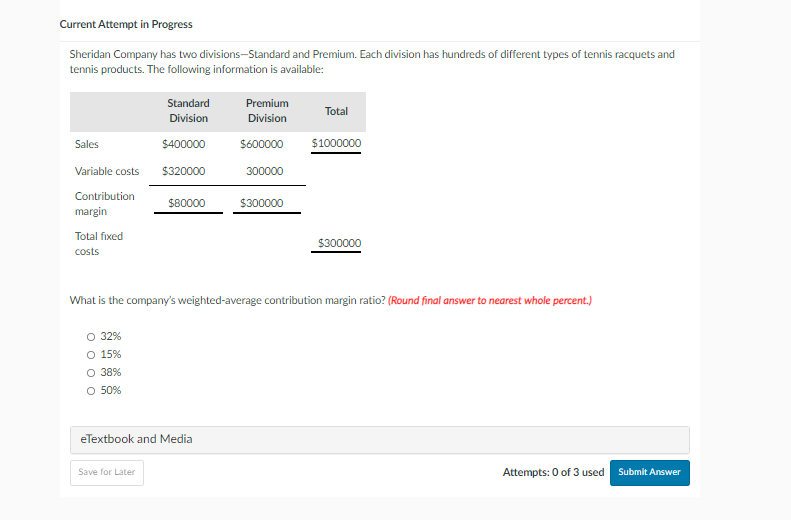  Current Attempt in Progress Sheridan Company has two divisions-Standard and Premium.