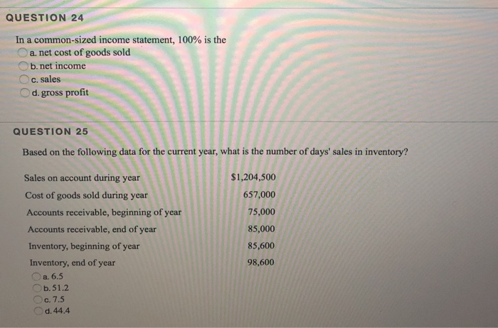  QUESTION 24 In a common-sized income statement, 100% is the a.