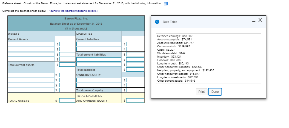  Balance sheet Construct the Barron Pizza. Inc. balance sheet statement for