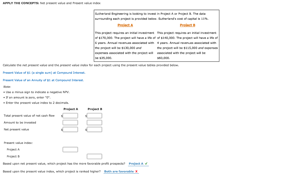 APPLY THE CONCEPTS: Net present value and Present value index Sutherland