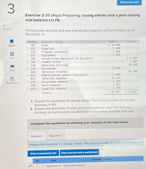  Exercise 3-20 (Algo) Preparing closing entries and a post-closing trial balance